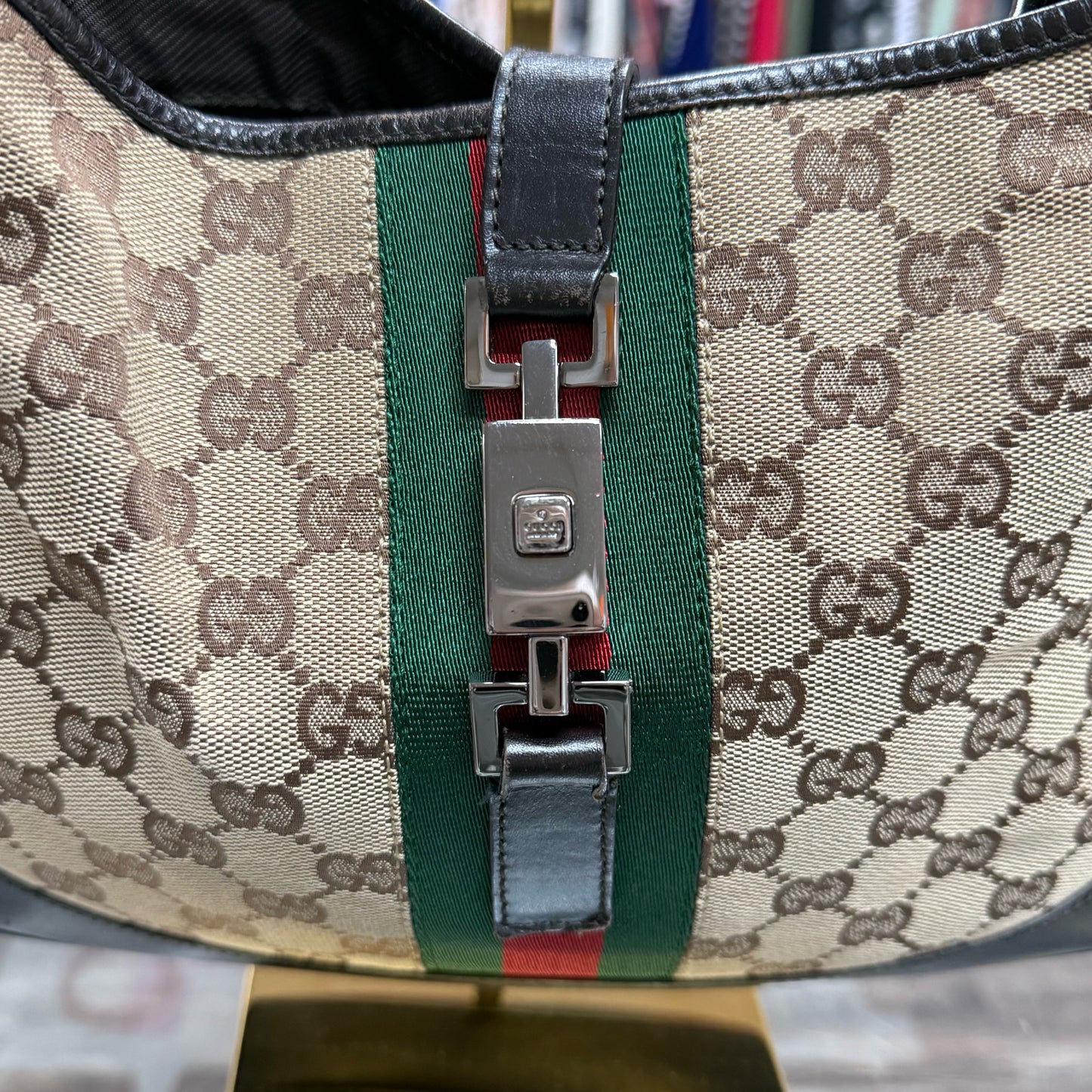 Gucci Monogram Web Jackie O Hobo Dark Brown