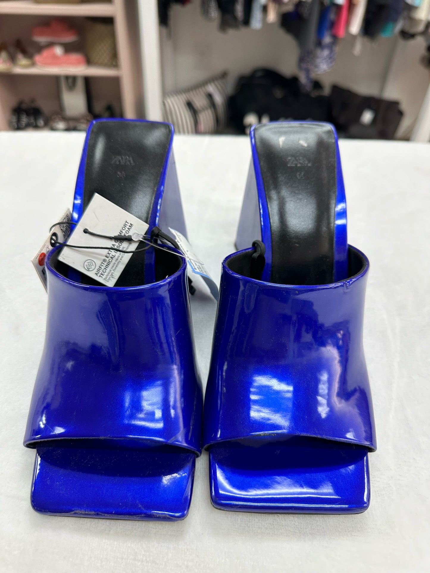 Zara Royal Blue Block Heel Mule Sandals NWT