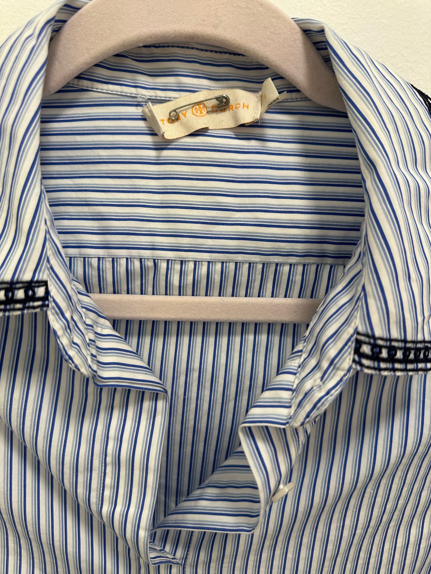 Tory Burch Navy Striped Button Down Long Sleeve