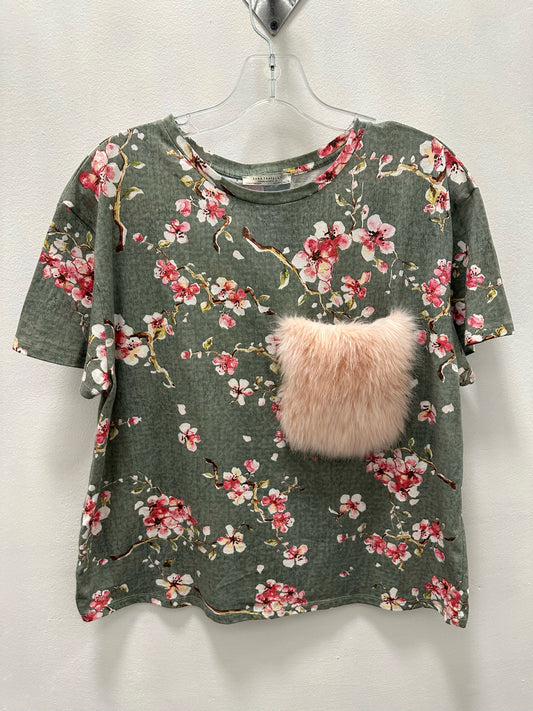 Zara Floral Tee W/ Faux Fur Pocket