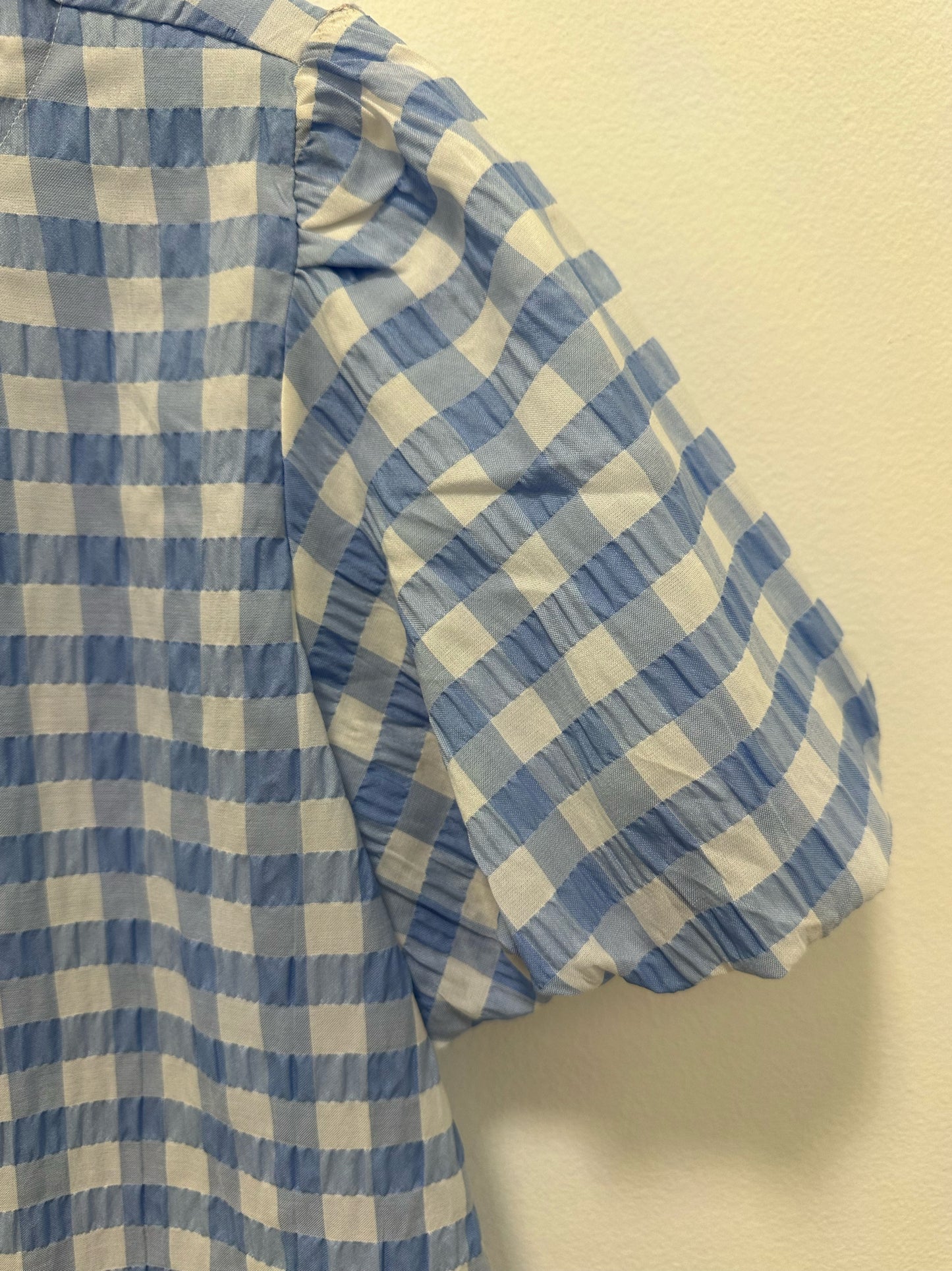 Ann Taylor Blue And White Plaid Short Sleeve Dress Top