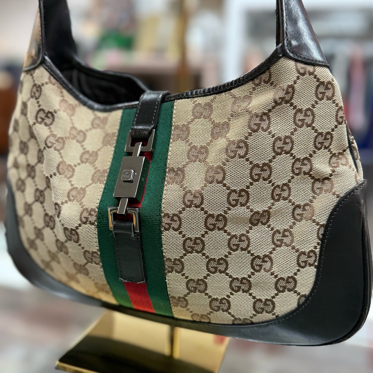 Gucci Monogram Web Jackie O Hobo Dark Brown