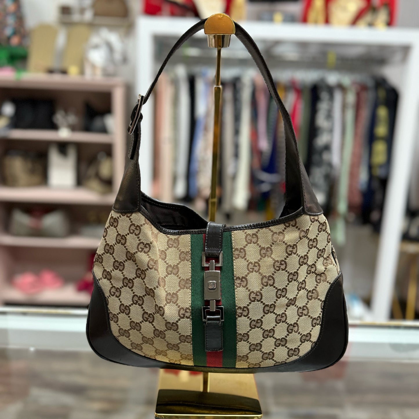 Gucci Monogram Web Jackie O Hobo Dark Brown