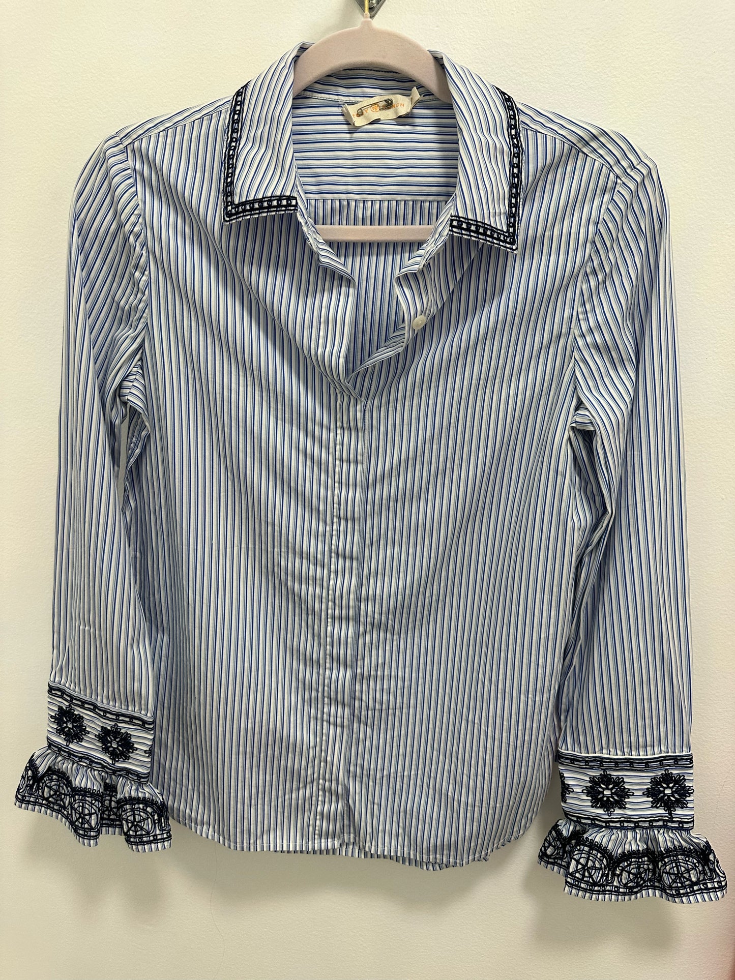 Tory Burch Navy Striped Button Down Long Sleeve