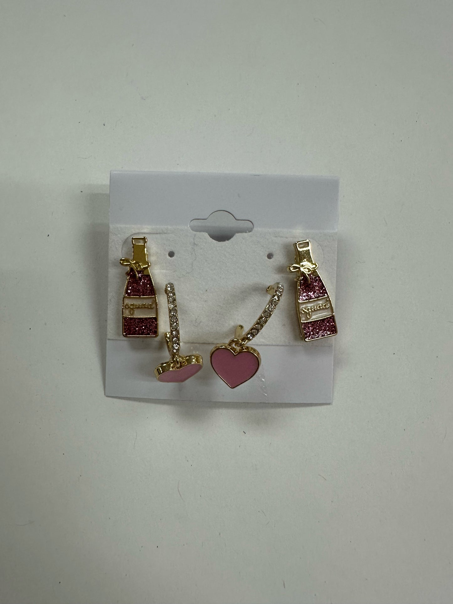 Pink Hoop Heart Earrings w/ Champagne Bottles