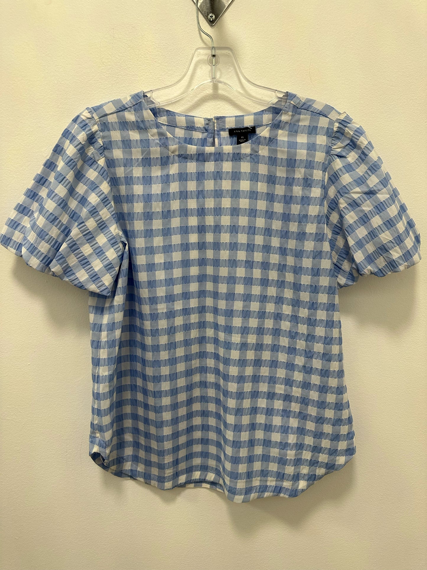 Ann Taylor Blue And White Plaid Short Sleeve Dress Top