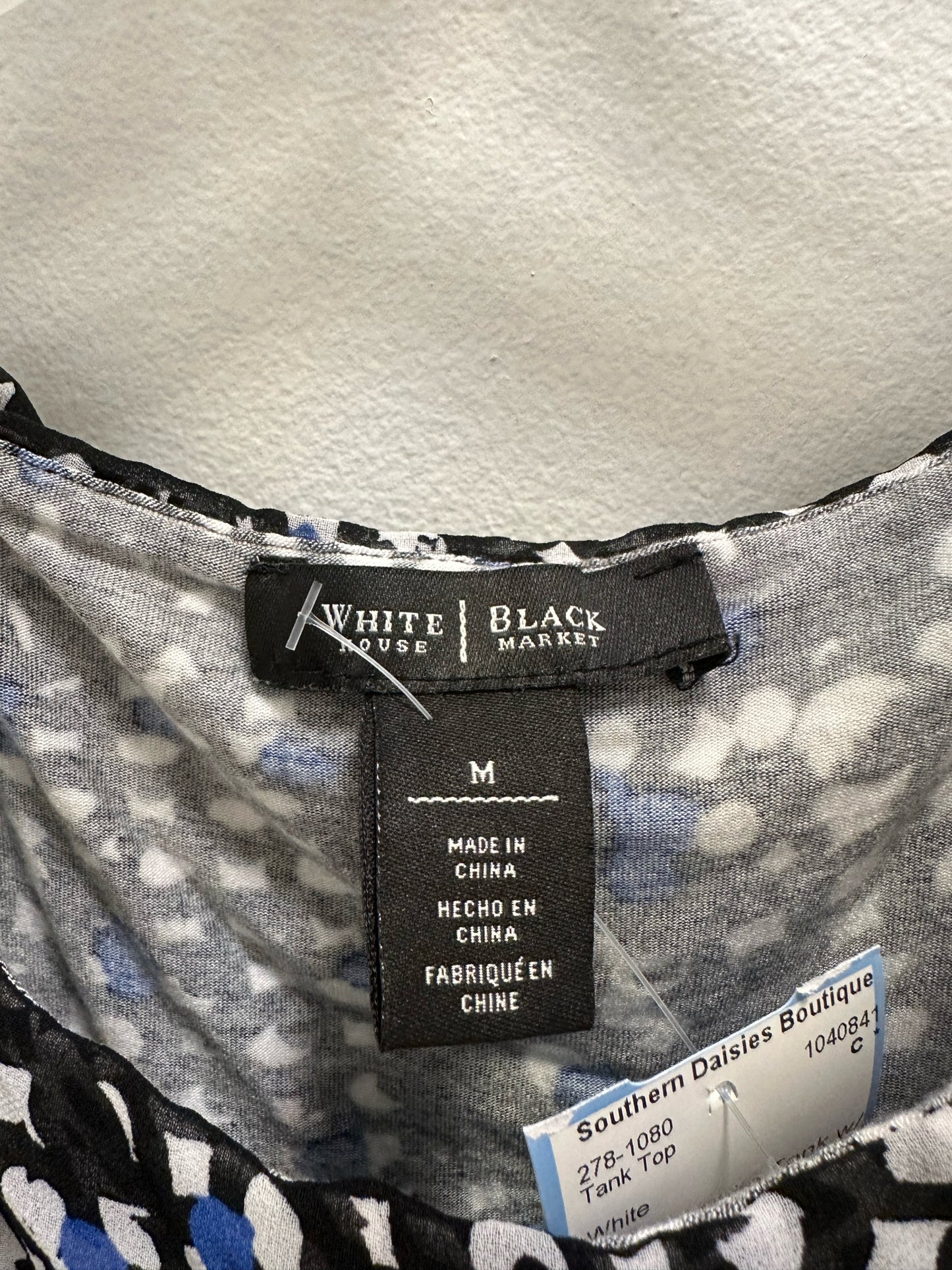 WHBM White Tank w/ Blue designs and Black Sheer Cover