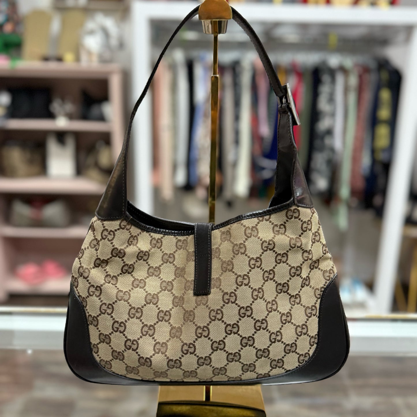 Gucci Monogram Web Jackie O Hobo Dark Brown