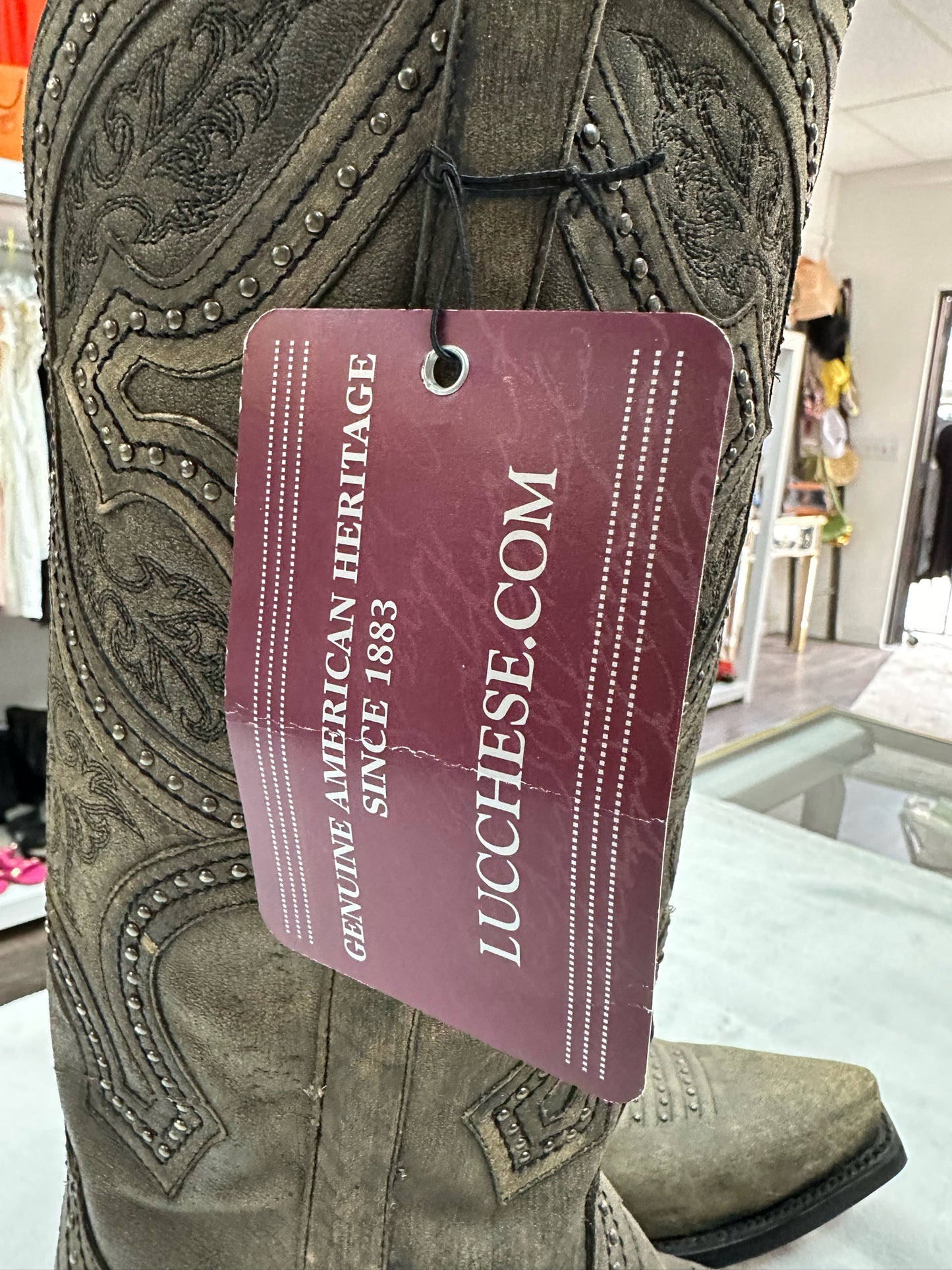 Lucchese Gray Cowboy Boots in Black Distressed Mosaic